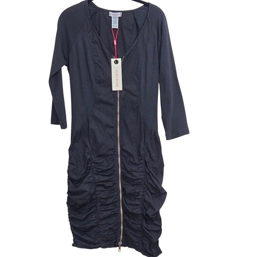 Wearables Johanne Poplin Ruched Full Zip Dress M Black V-Neck Whimisgoth comfy